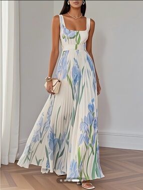 Ivory Maxi Dress with Blue Floral Print and Square Neck